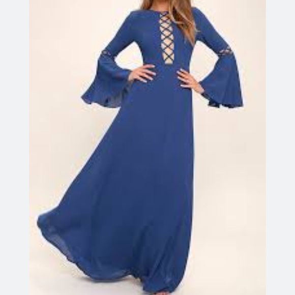Nwt Lulus Now is the Time Blue Long Bell Sleeve Maxi Dress - Picture 12 of 12